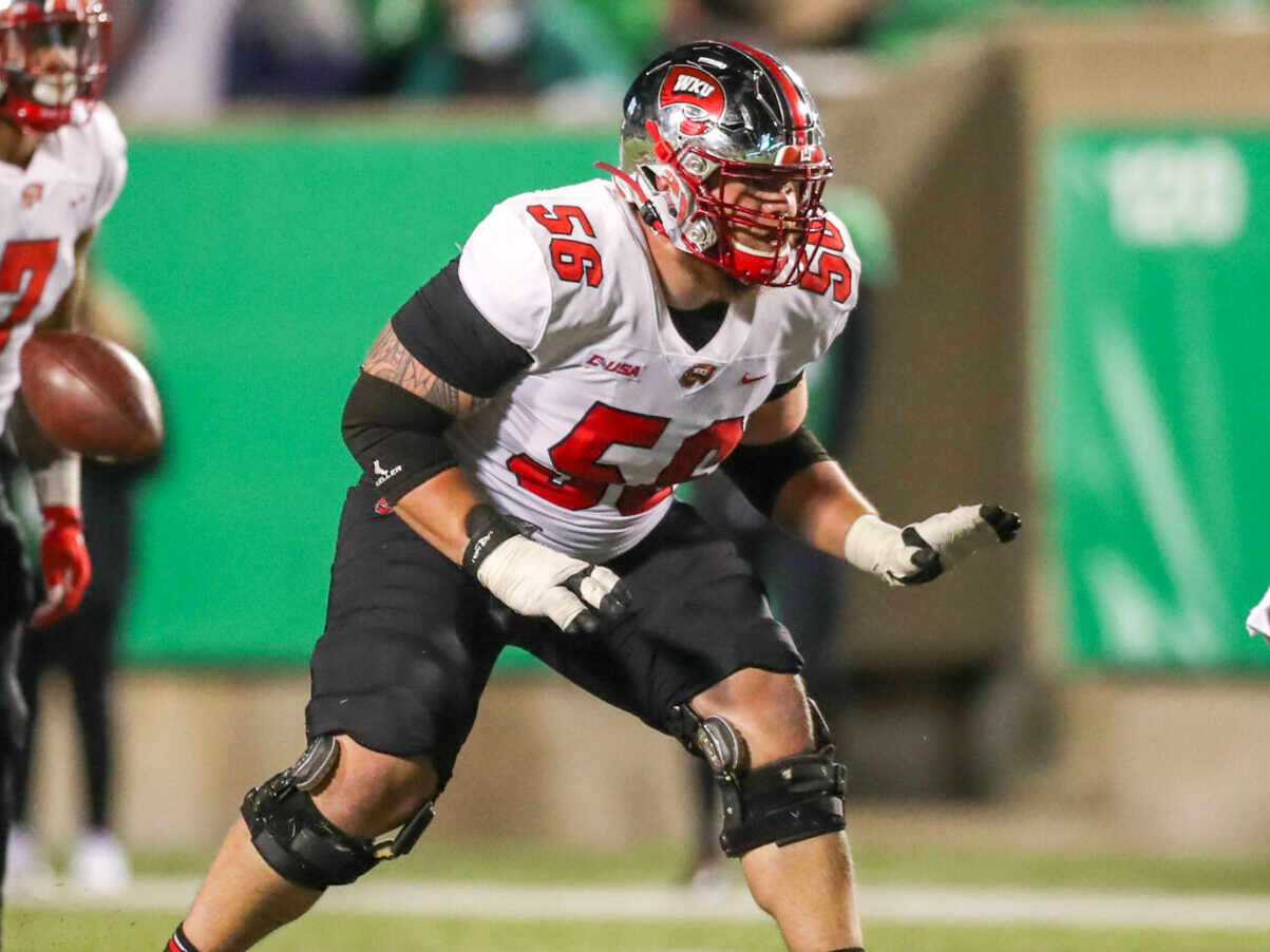 Nov 27, 2021; Huntington, West Virginia, USA; Western Kentucky Hilltoppers offensive lineman Boe Wilson (56) during the third quarter against the Marshall Thundering Herd at Joan C. Edwards Stadium. Mandatory Credit: Ben Queen-USA TODAY Sports