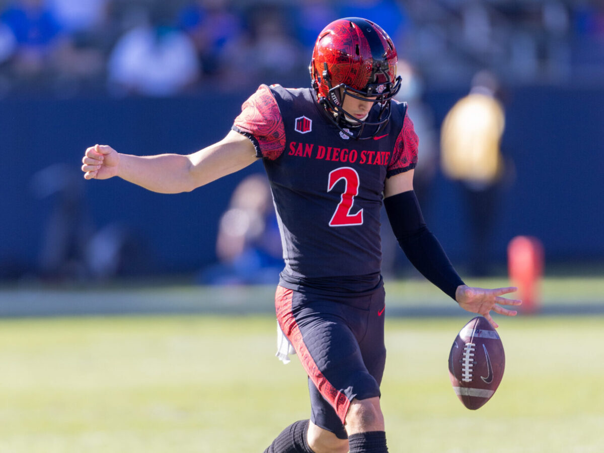 CARSON, CA - NOVEMBER 26: Matt Araiza #2 of the San Diego State Aztecs kicks the ball against the Boise State Broncos on November 26, 2021 at Dignity Health Sports Park in Carson, California. (Photo by Tom Hauck/Getty Images)