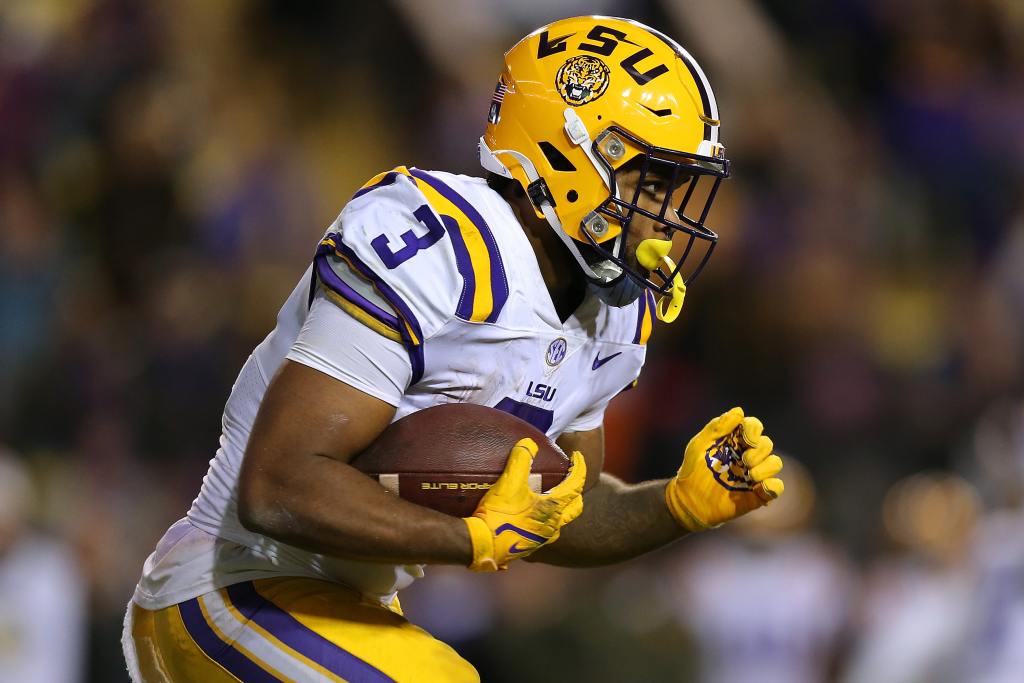 BATON ROUGE, LOUISIANA - NOVEMBER 13: Tyrion Davis-Price #3 of the LSU Tigers runs with the ball during the fist half against the Arkansas Razorbacks of a game at Tiger Stadium on November 13, 2021 in Baton Rouge, Louisiana. (Photo by Jonathan Bachman/Getty Images)