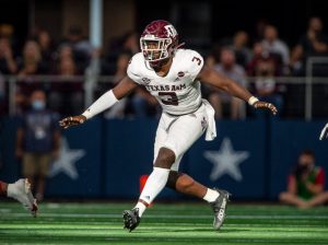 Sep 25, 2021; Arlington, Texas, USA; Texas A&M Aggies defensive lineman Tyree Johnson (3) in action during the game between the Arkansas Razorbacks and the Texas A&M Aggies at AT&T Stadium. Credit: Jerome Miron-USA TODAY Sports
