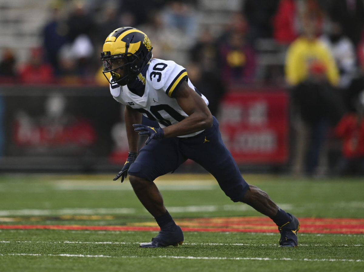 Nov 20, 2021; College Park, Maryland, USA; Michigan Wolverines defensive back Daxton Hill (30) rushes during the first halfagainst the Maryland Terrapins at Capital One Field at Maryland Stadium. Credit: Tommy Gilligan-USA TODAY Sports