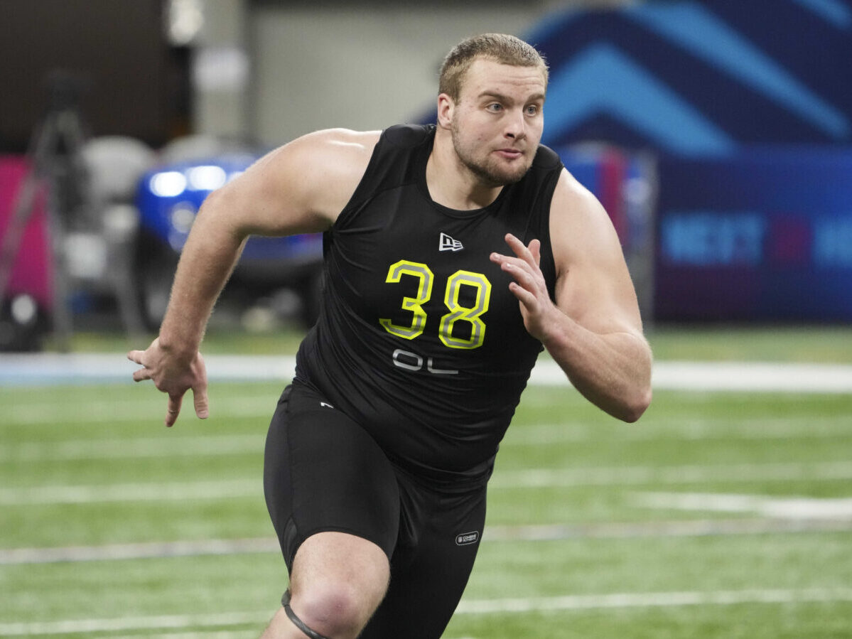Mar 4, 2022; Indianapolis, IN, USA; Northern Iowa offensive lineman Trevor Penning (OL38) goes through drills during the 2022 NFL Scouting Combine at Lucas Oil Stadium. Credit: Kirby Lee-USA TODAY Sports
