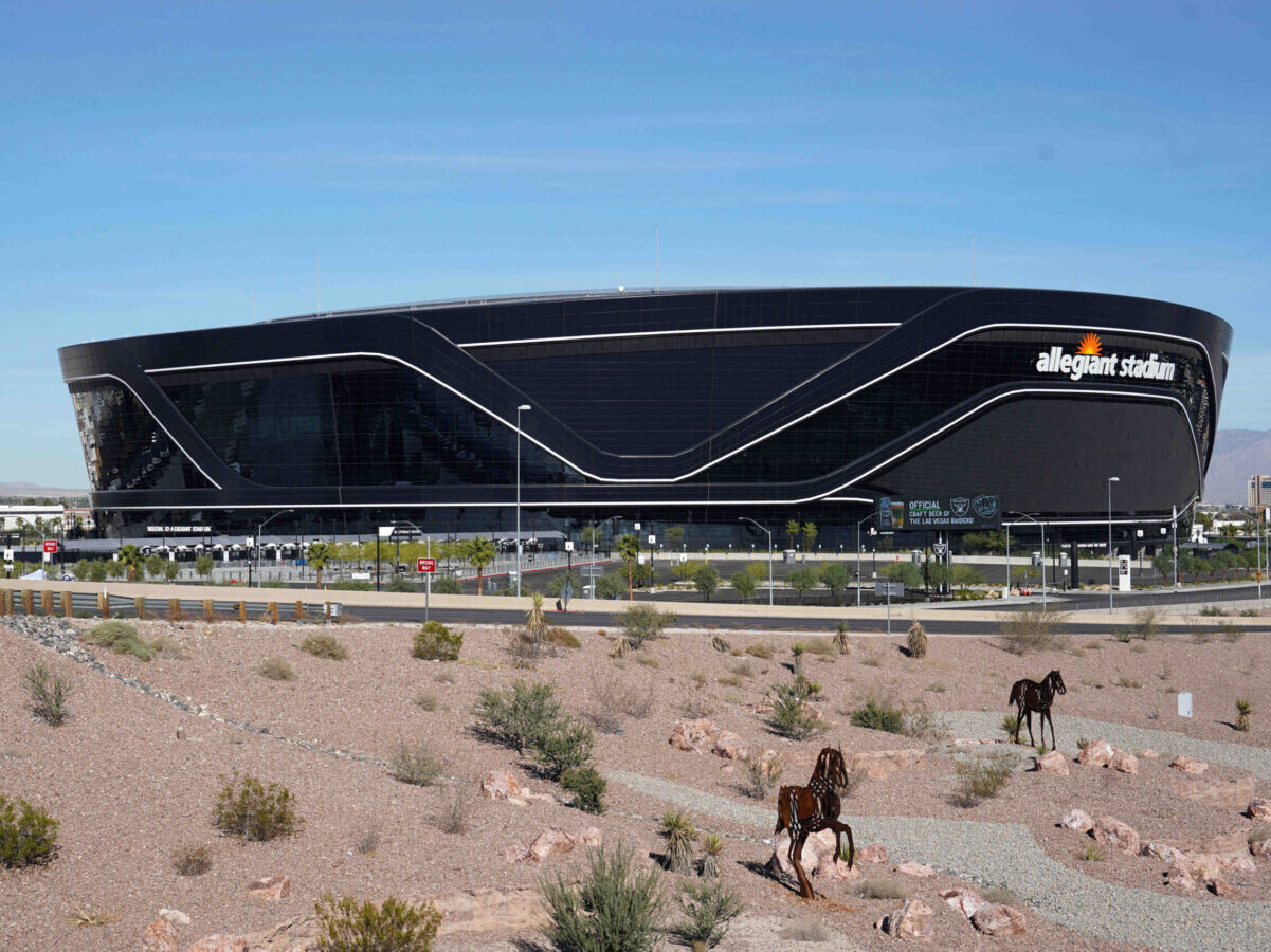 Nov 14, 2021; Paradise, Nevada, USA; A general overall view of the Allegiant Stadium exterior. Credit: Kirby Lee-USA TODAY Sports