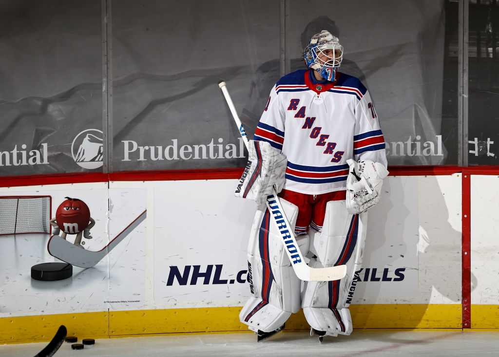 NEWARK, NEW JERSEY - MARCH 06: Keith Kinkaid #71 of the New York Rangers warms up before the game against the New Jersey Devils at Prudential Center on March 06, 2021 in Newark, New Jersey.A limited number of fans are in attendance due to COVID-19 restrictions. (Photo by Elsa/Getty Images)