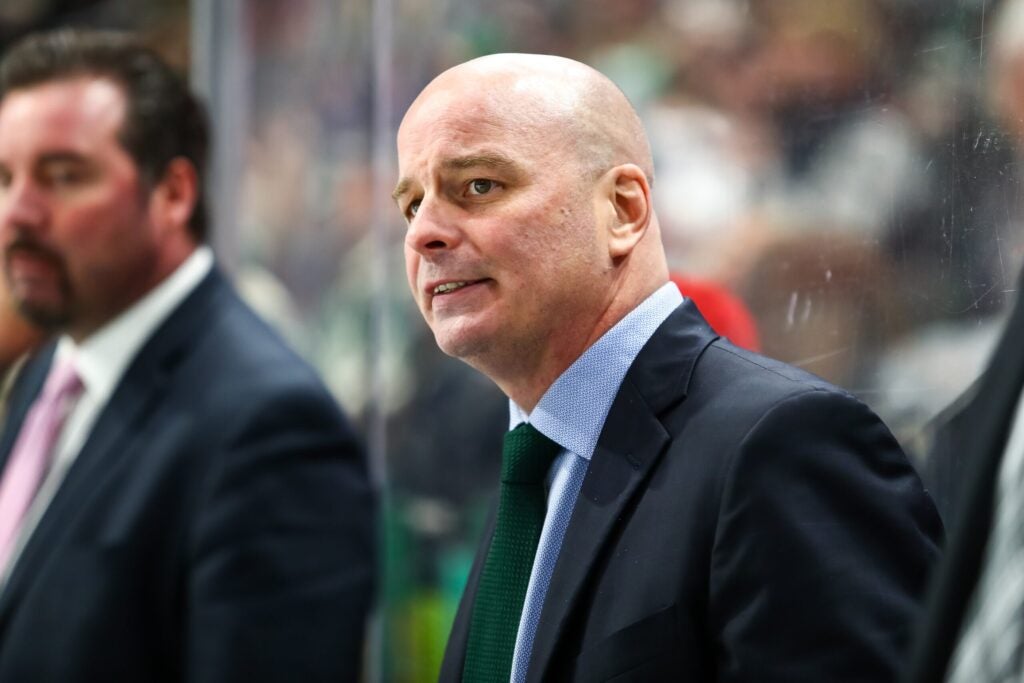 Dec 1, 2019; Saint Paul, MN, USA; Dallas Stars head coach Jim Montgomery looks on in the third period against the Minnesota Wild at Xcel Energy Center. Mandatory Credit: David Berding-USA TODAY Sports