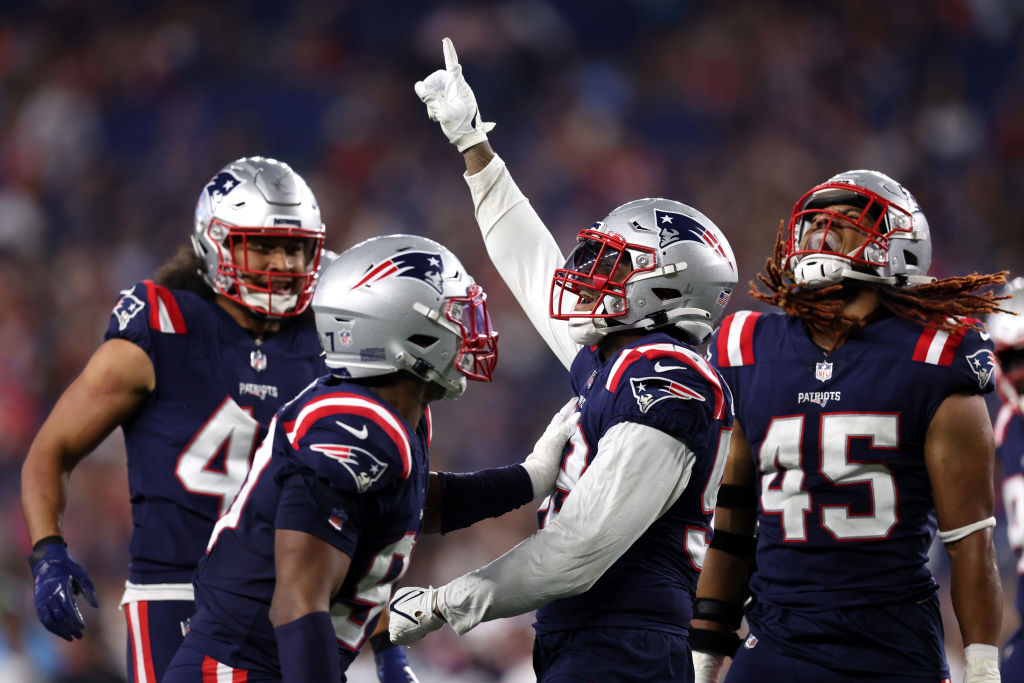 FOXBOROUGH, MASSACHUSETTS - AUGUST 19: Anfernee Jennings #58 of the New England Patriots celebrates during the preseason game between the New England Patriots and the Carolina Panthers at Gillette Stadium on August 19, 2022 in Foxborough, Massachusetts. (Photo by Maddie Meyer/Getty Images)