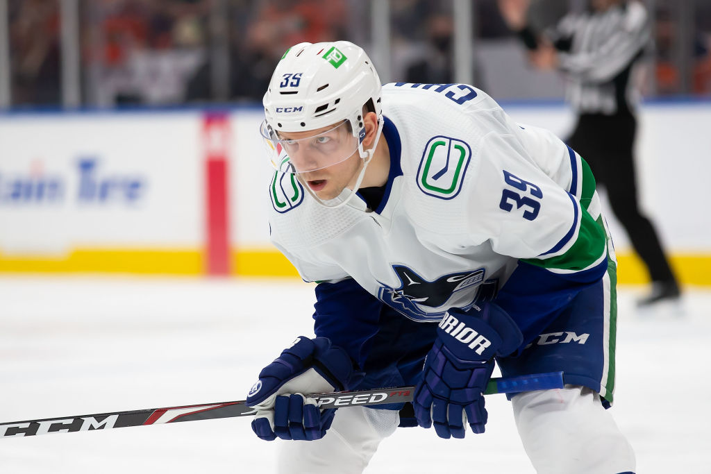 EDMONTON, AB - APRIL 29: Alex Chiasson #39 of the Vancouver Canucks skates against the Edmonton Oilers during the first period at Rogers Place on April 29, 2022 in Edmonton, Canada. (Photo by Codie McLachlan/Getty Images)
