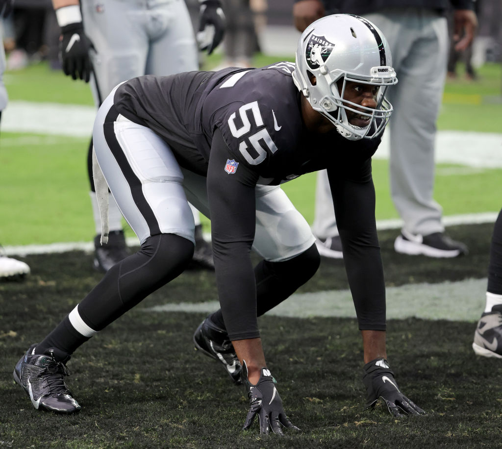 LAS VEGAS, NEVADA - AUGUST 14: Defensive end Chandler Jones #55 of the Las Vegas Raiders warms up before a preseason game against the Minnesota Vikings at Allegiant Stadium on August 14, 2022 in Las Vegas, Nevada. The Raiders defeated Vikings the 26-20. (Photo by Ethan Miller/Getty Images)