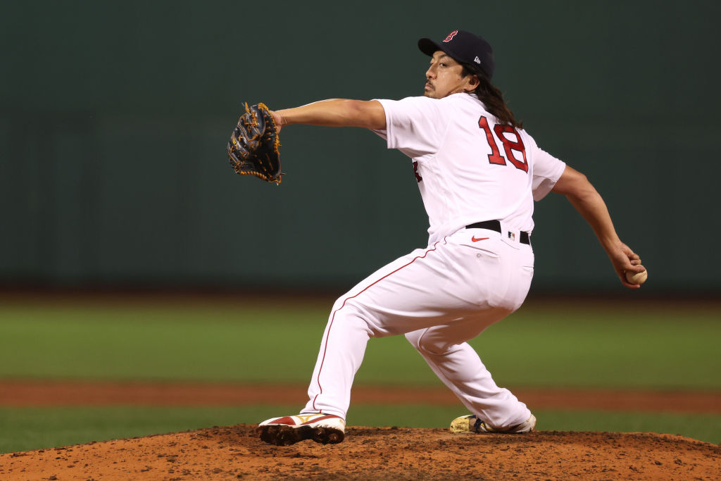 Hirokazu Sawamura of the Boston Red Sox pitches in a baseball game