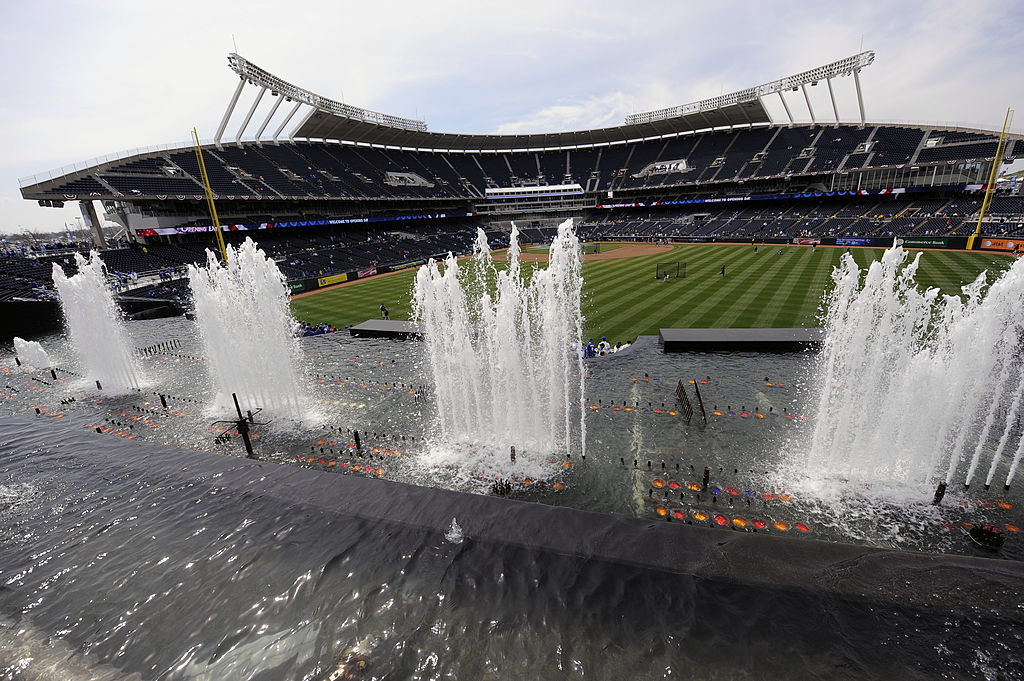 KANSAS CITY, MO - APRIL 10: A general view from behind right field displaying the fountains during opening day festivities at renovated Kauffman Stadium prior to the New York Yankees against the Kansas City Royals on April 10, 2009 in Kansas City, Missouri. (Photo by G. Newman Lowrance/Getty Images)