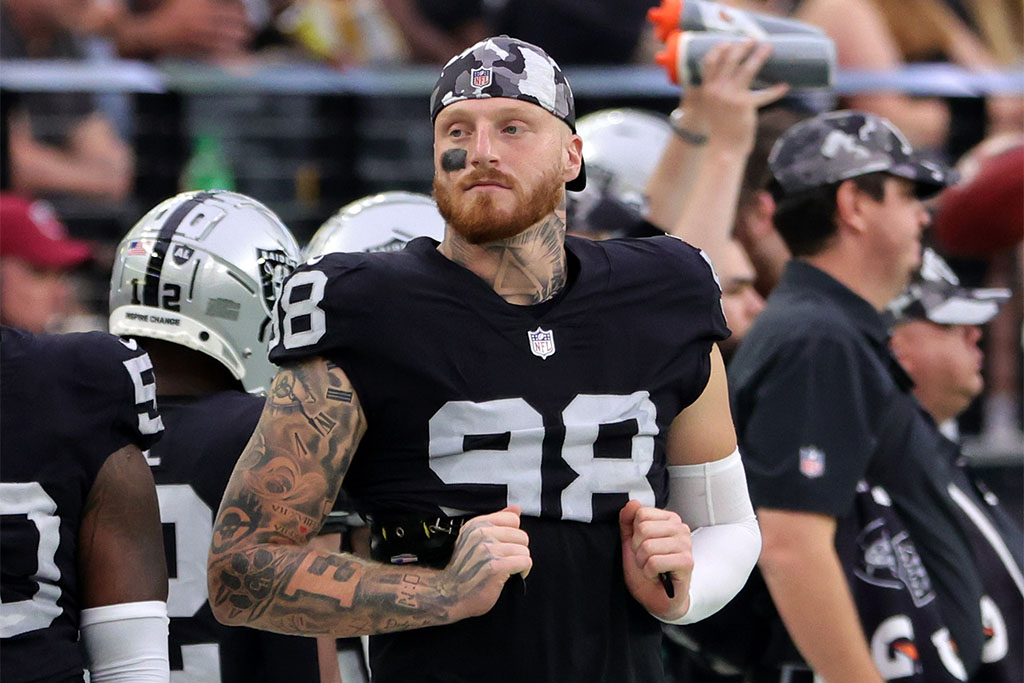 LAS VEGAS, NEVADA - AUGUST 14: Defensive end Maxx Crosby #98 of the Las Vegas Raiders stands on a sideline during a preseason game against the Minnesota Vikings at Allegiant Stadium on August 14, 2022 in Las Vegas, Nevada. The Raiders defeated Vikings the 26-20. (Photo by Ethan Miller/Getty Images)