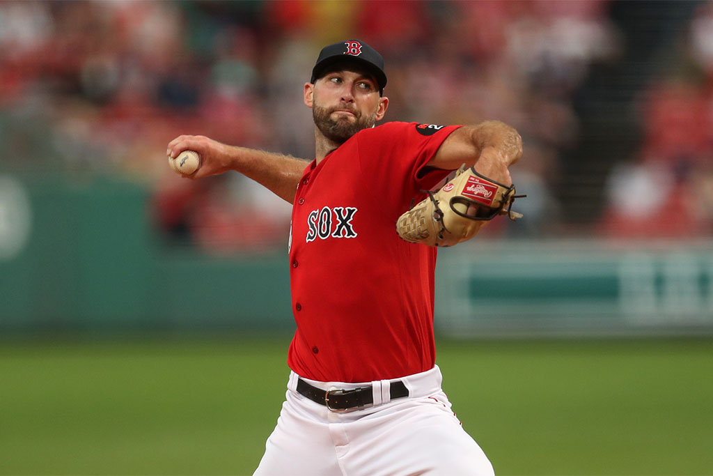 Aug 26, 2022; Boston, Massachusetts, USA; Boston Red Sox starting pitcher Michael Wacha (52) throws a pitch during the first inning against the Tampa Bay Rays at Fenway Park. Mandatory Credit: Paul Rutherford-USA TODAY Sports