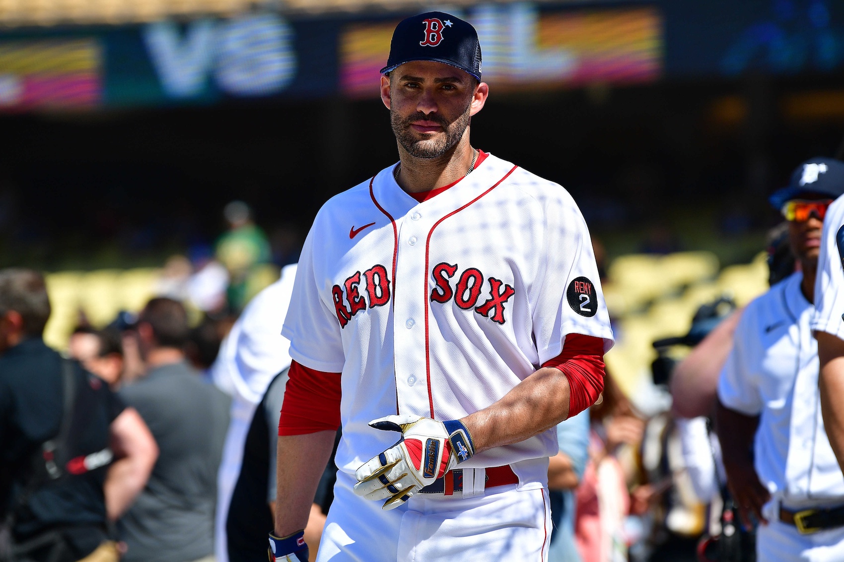 Jul 18, 2022; Los Angeles, CA, USA; American League designated hitter J.D. Martinez (28) of the Boston Red Sox during batting practice at Dodger Stadium. Mandatory Credit: Gary A. Vasquez/USA TODAY Sports