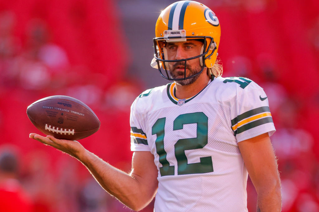 KANSAS CITY, MO - AUGUST 25: Aaron Rodgers #12 of the Green Bay Packers participates in pregame warmups prior to the preseason game against the Kansas City Chiefs at Arrowhead Stadium on August 25, 2022 in Kansas City, Missouri. (Photo by David Eulitt/Getty Images)