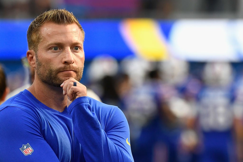 INGLEWOOD, CALIFORNIA - SEPTEMBER 08: Head coach Sean McVay of the Los Angeles Rams watches warm ups to the NFL game against the Buffalo Bills at SoFi Stadium on September 08, 2022 in Inglewood, California. (Photo by Kevork Djansezian/Getty Images)