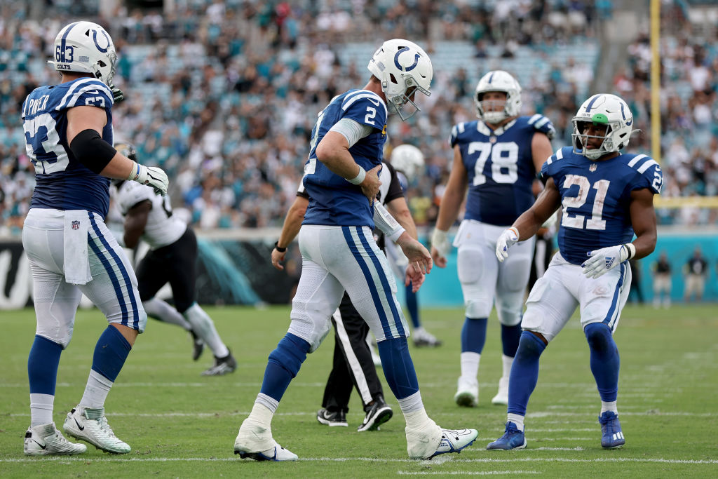 JACKSONVILLE, FLORIDA - SEPTEMBER 18: Matt Ryan #2 of the Indianapolis Colts reacts after a tackle in the second half against the Jacksonville Jaguars at TIAA Bank Field on September 18, 2022 in Jacksonville, Florida. (Photo by Mike Carlson/Getty Images)
