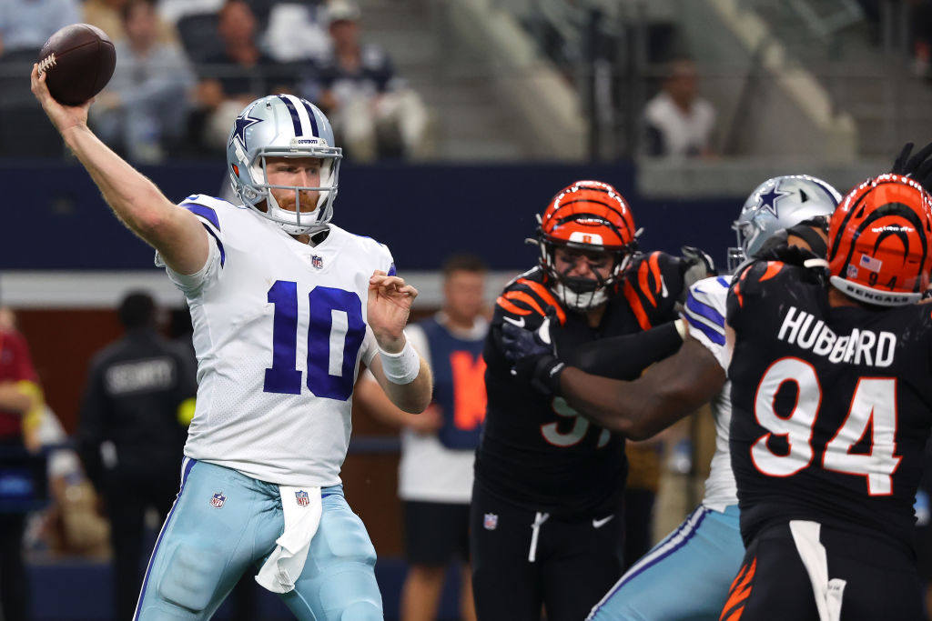 ARLINGTON, TEXAS - SEPTEMBER 18: Cooper Rush #10 of the Dallas Cowboys passes the ball against the Cincinnati Bengals during the second half at AT&T Stadium on September 18, 2022 in Arlington, Texas. (Photo by Richard Rodriguez/Getty Images)