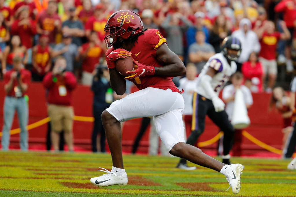 AMES, IA - AUGUST 31: Wide receiver La'Michael Pettway #7 of the Iowa State Cyclones pulls in a touchdown pass in the end zone in overtime against the Northern Iowa Panthers at Jack Trice Stadium on August 31, 2019 in Ames, Iowa. The Iowa State Cyclones won 29-26 over the Northern Iowa Panthers in triple overtime. (Photo by David Purdy/Getty Images)