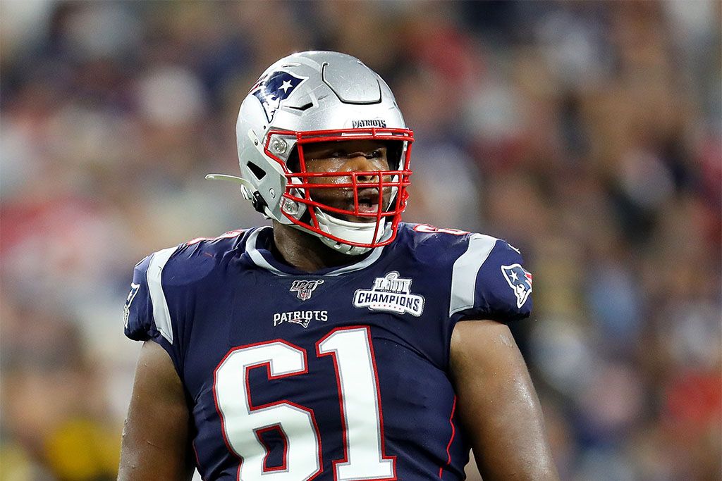 FOXBOROUGH, MASSACHUSETTS - SEPTEMBER 08: Marcus Cannon #61 of the New England Patriots looks on during the game between the New England Patriots and the Pittsburgh Steelers at Gillette Stadium on September 08, 2019 in Foxborough, Massachusetts. (Photo by Maddie Meyer/Getty Images)