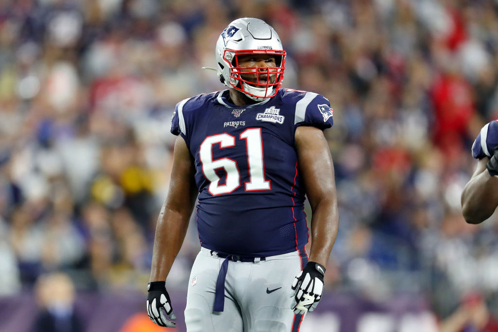 FOXBOROUGH, MASSACHUSETTS - SEPTEMBER 08: Marcus Cannon #61 of the New England Patriots looks on during the first half against the Pittsburgh Steelers at Gillette Stadium on September 08, 2019 in Foxborough, Massachusetts. (Photo by Maddie Meyer/Getty Images)