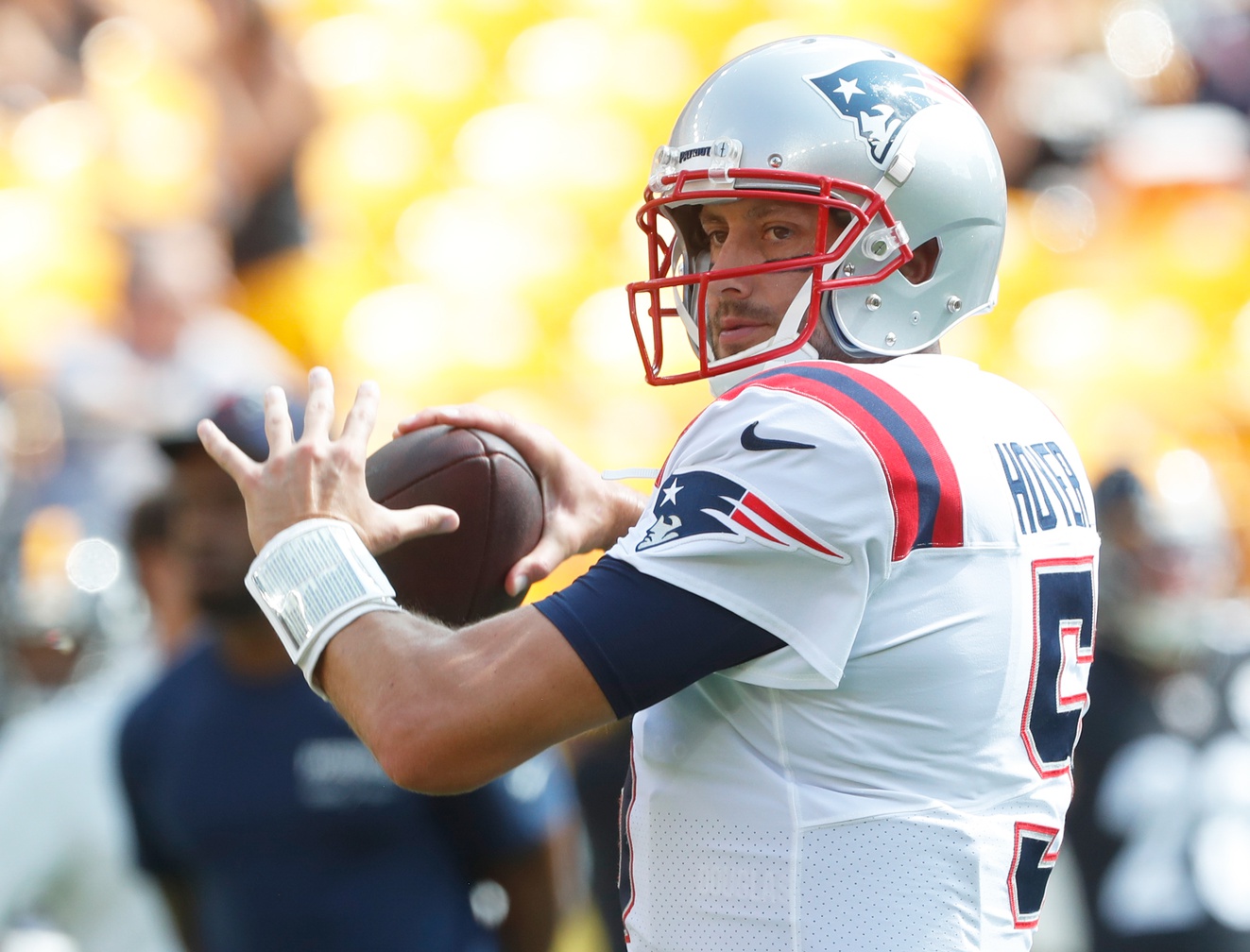 Sep 18, 2022; Pittsburgh, Pennsylvania, USA; New England Patriots quarterback Brian Hoyer (5) warms up before the game against the Pittsburgh Steelers at Acrisure Stadium. Credit: Charles LeClaire-USA TODAY Sports
