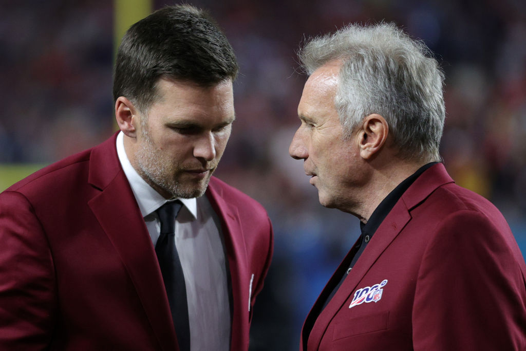 MIAMI, FLORIDA - FEBRUARY 02: Tom Brady of the New England Patriots talks with Hall of Famer Joe Montana prior to Super Bowl LIV between the San Francisco 49ers and the Kansas City Chiefs at Hard Rock Stadium on February 02, 2020 in Miami, Florida. (Photo by Maddie Meyer/Getty Images)