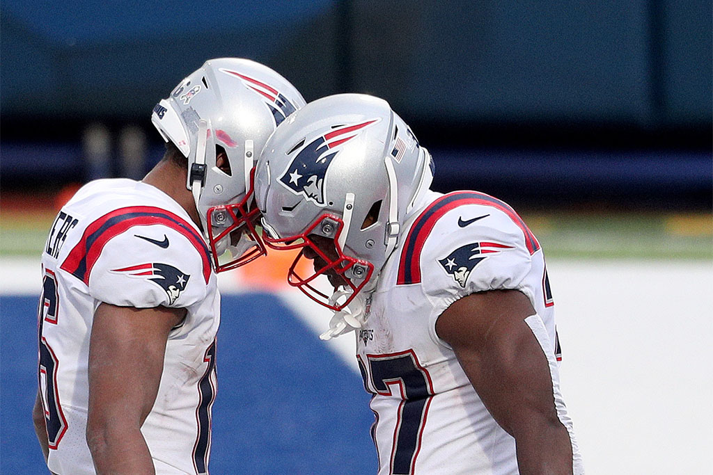 ORCHARD PARK, NEW YORK - NOVEMBER 01: Damien Harris #37 of the New England Patriots celebrates a touchdown with Jakobi Meyers #16 during a game against the Buffalo Bills at Bills Stadium on November 01, 2020 in Orchard Park, New York. (Photo by Bryan M. Bennett/Getty Images)