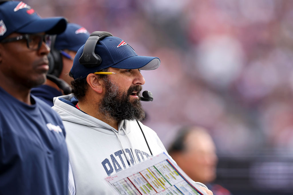FOXBOROUGH, MASSACHUSETTS - SEPTEMBER 25: Offensive Line Coach Matt Patricia of the New England Patriots looks onward during during the second half against the Baltimore Ravens at Gillette Stadium on September 25, 2022 in Foxborough, Massachusetts. (Photo by Maddie Meyer/Getty Images)