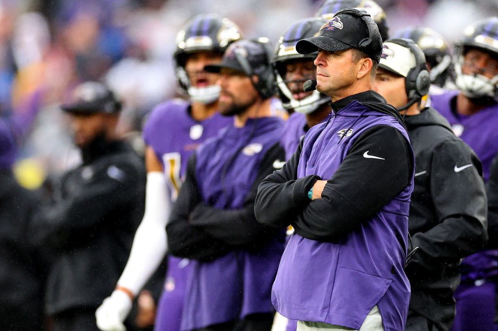 BALTIMORE, MARYLAND - OCTOBER 02: Head coach John Harbaugh of the Baltimore Ravens looks on in the fourth quarter against the Buffalo Bills at M&T Bank Stadium on October 02, 2022 in Baltimore, Maryland. (Photo by Patrick Smith/Getty Images)