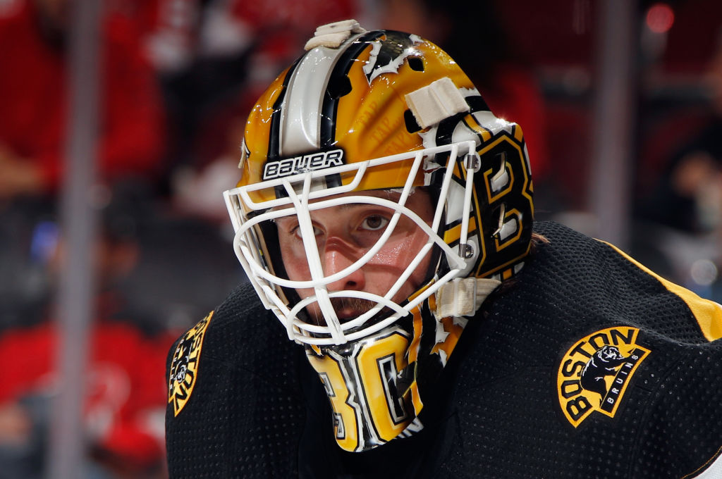 NEWARK, NEW JERSEY - OCTOBER 03: Keith Kinkaid #30 of the Boston Bruins tends net against the New Jersey Devils at the Prudential Center on October 03, 2022 in Newark, New Jersey. (Photo by Bruce Bennett/Getty Images)