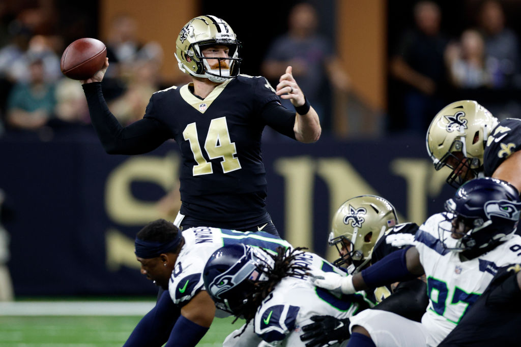 NEW ORLEANS, LOUISIANA - OCTOBER 09: Andy Dalton #14 of the New Orleans Saints throws a pass against the Seattle Seahawks at Caesars Superdome on October 09, 2022 in New Orleans, Louisiana. (Photo by Chris Graythen/Getty Images)
