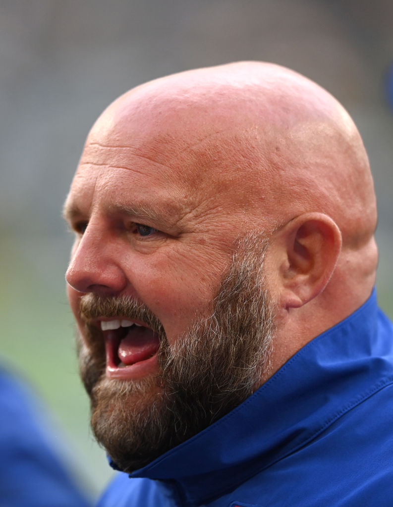 LONDON, ENGLAND - OCTOBER 09: New York Giants head coach Brian Daboll interacts on the sidelines during the NFL match between New York Giants and Green Bay Packers at Tottenham Hotspur Stadium on October 09, 2022 in London, England. (Photo by Stu Forster/Getty Images)