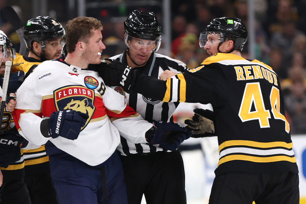 BOSTON, MASSACHUSETTS - OCTOBER 17: Matthew Tkachuk #19 of the Florida Panthers anbd Dan Renouf #44 of the Boston Bruins are separated during a fight in the second period at TD Garden on October 17, 2022 in Boston, Massachusetts. (Photo by Maddie Meyer/Getty Images)