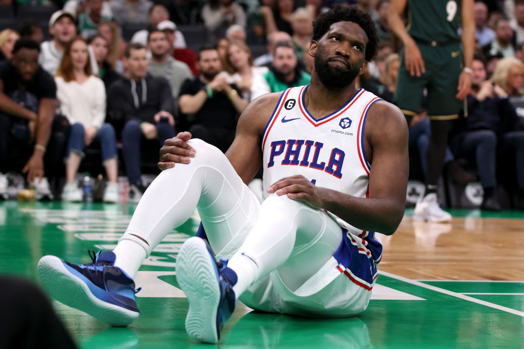 BOSTON, MASSACHUSETTS - OCTOBER 18: Joel Embiid #21 of the Philadelphia 76ers reacts after being fouled during the second half against the Boston Celtics at TD Garden on October 18, 2022 in Boston, Massachusetts. NOTE TO USER: User expressly acknowledges and agrees that, by downloading and or using this photograph, User is consenting to the terms and conditions of the Getty Images License Agreement. (Photo by Maddie Meyer/Getty Images)