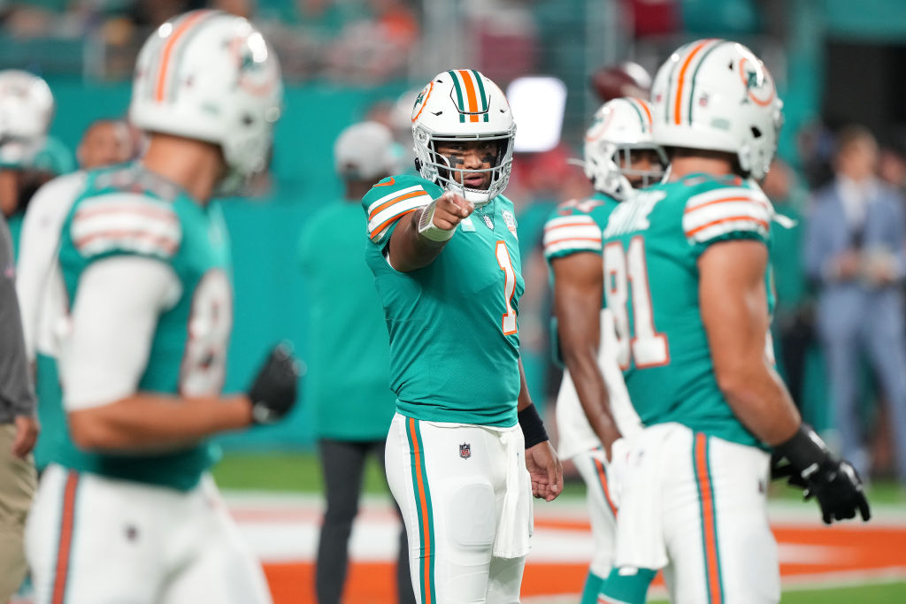 MIAMI GARDENS, FLORIDA - OCTOBER 23: Tua Tagovailoa #1 of the Miami Dolphins calls a play during warm ups prior to the game against the Pittsburgh Steelers at Hard Rock Stadium on October 23, 2022 in Miami Gardens, Florida. (Photo by Eric Espada/Getty Images)
