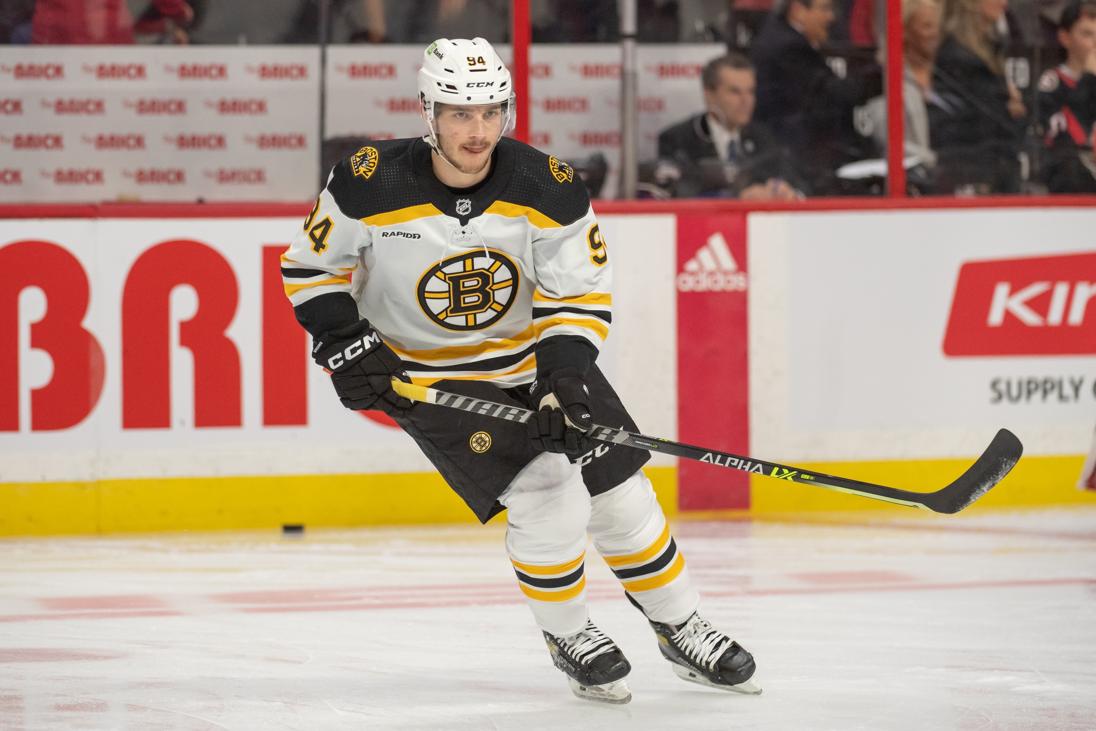 Oct 18, 2022; Ottawa, Ontario, CAN; Boston Bruins center Jakub Lauko (94) skates during warmup prior to game against the  Ottawa Senators at the Canadian Tire Centre. Mandatory Credit: Marc DesRosiers-USA TODAY Sports
