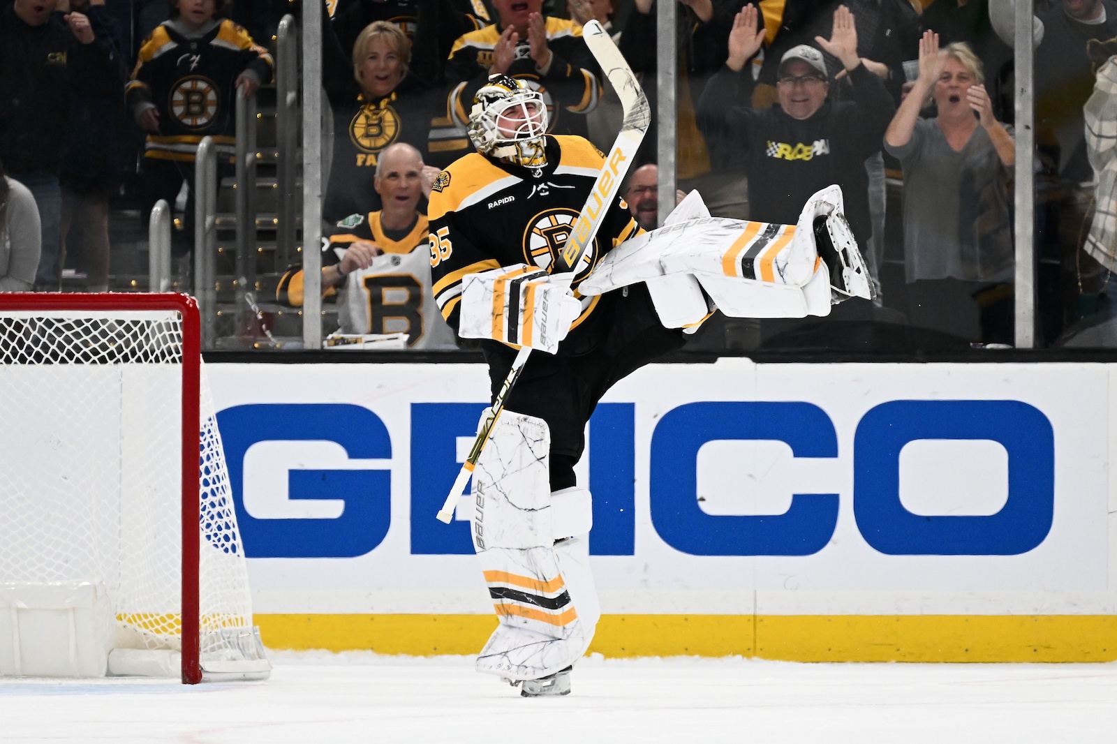 Oct 20, 2022; Boston, Massachusetts, USA; Boston Bruins goaltender Linus Ullmark (35) reacts after a shootout win over the Anaheim Ducks at the TD Garden. Mandatory Credit: Brian Fluharty-USA TODAY Sports