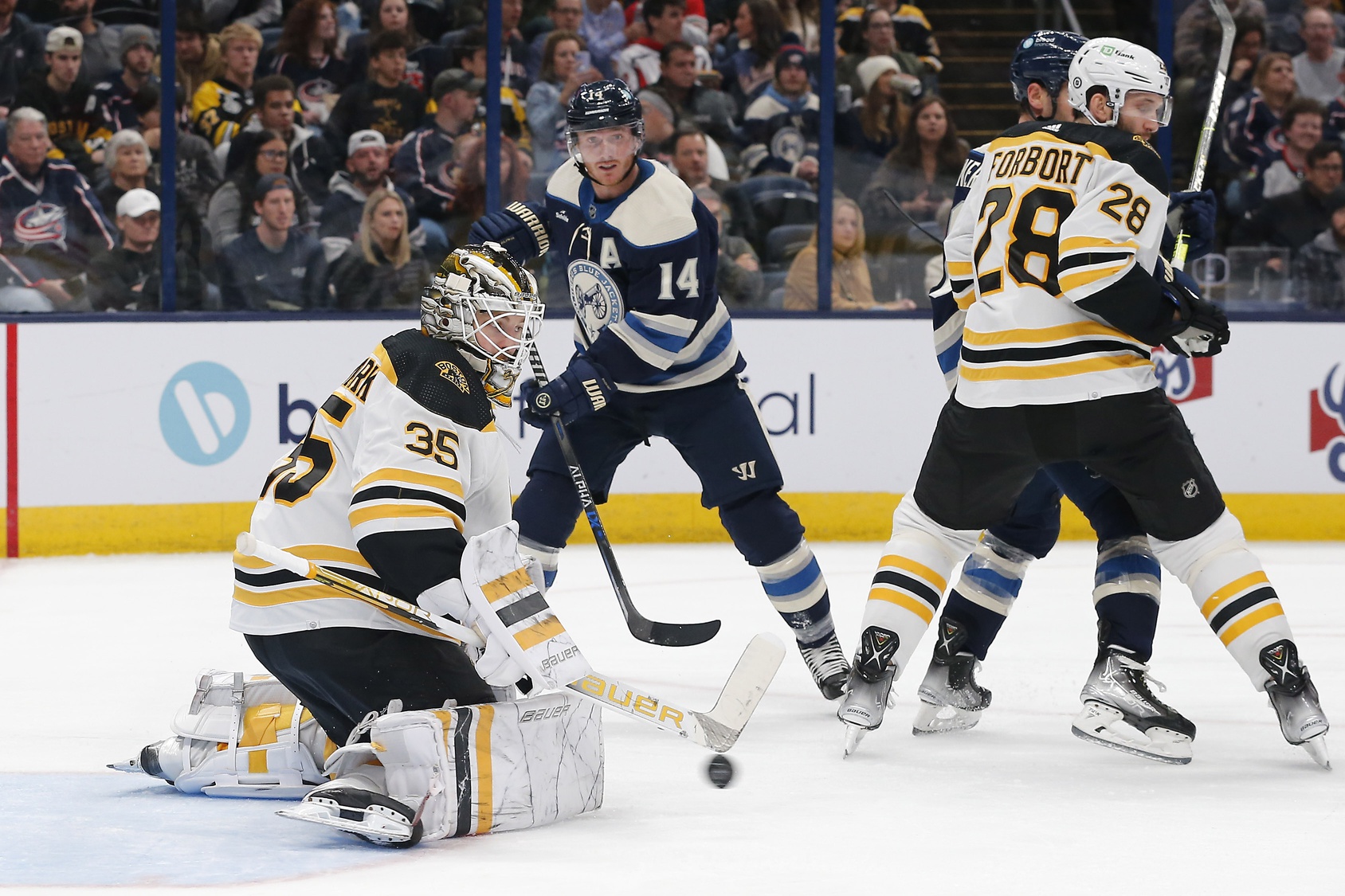 Oct 28, 2022; Columbus, Ohio, USA; Boston Bruins goalie Linus Ullmark (35) makes a save against the Columbus Blue Jackets during the second period at Nationwide Arena. Mandatory Credit: Russell LaBounty/USA TODAY Sports