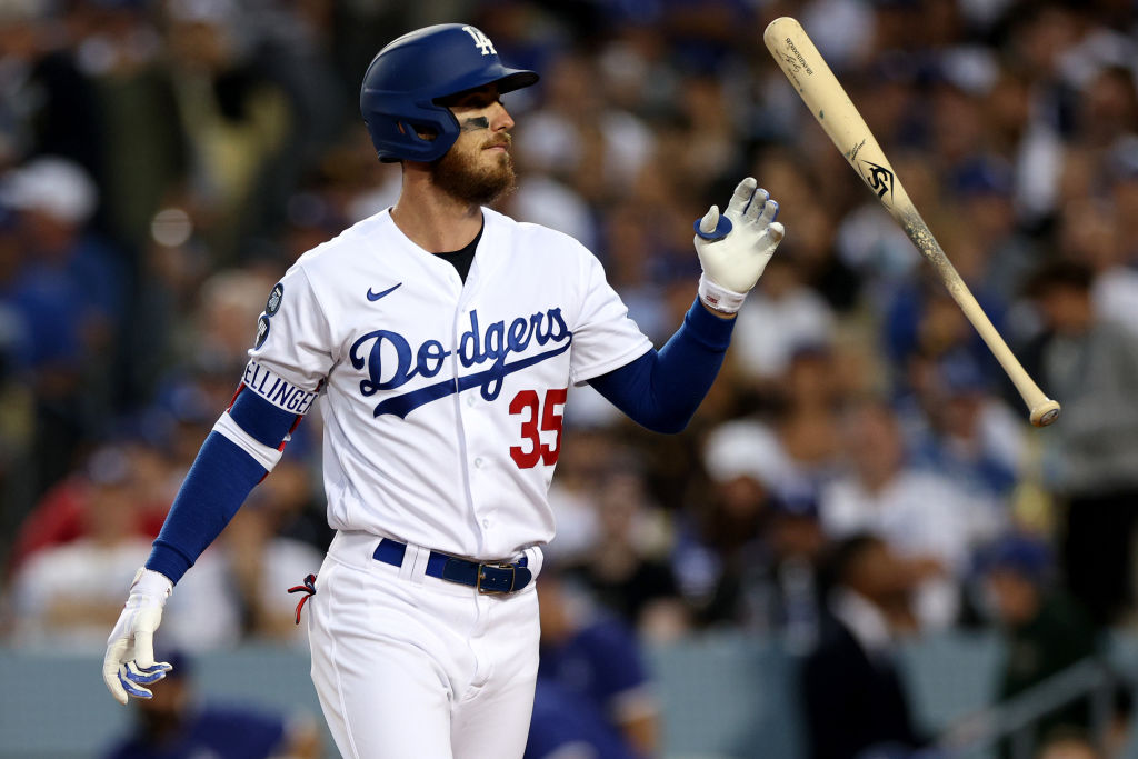 LOS ANGELES, CALIFORNIA - OCTOBER 12: Cody Bellinger #35 of the Los Angeles Dodgers reacts after striking out in the second inning in game two of the National League Division Series against the San Diego Padres at Dodger Stadium on October 12, 2022 in Los Angeles, California. (Photo by Harry How/Getty Images)