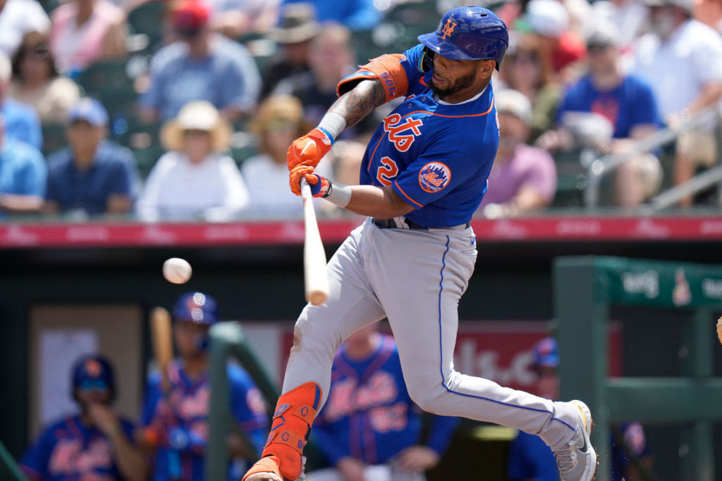 JUPITER, FLORIDA - MARCH 21: Dominic Smith #2 of the New York Mets bats in the fourth inning against the Miami Marlins in the Spring Training game at Roger Dean Stadium on March 21, 2022 in Jupiter, Florida. (Photo by Mark Brown/Getty Images)