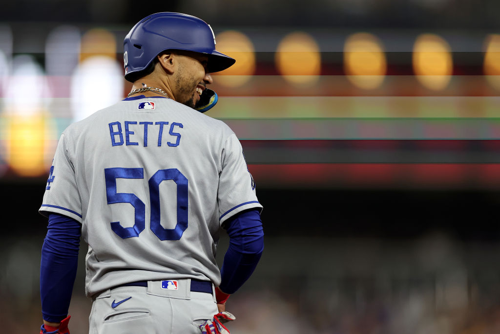 SAN DIEGO, CALIFORNIA - SEPTEMBER 28: Mookie Betts #50 of the Los Angeles Dodgers looks on during a game against the San Diego Padres at PETCO Park on September 28, 2022 in San Diego, California. (Photo by Sean M. Haffey/Getty Images)