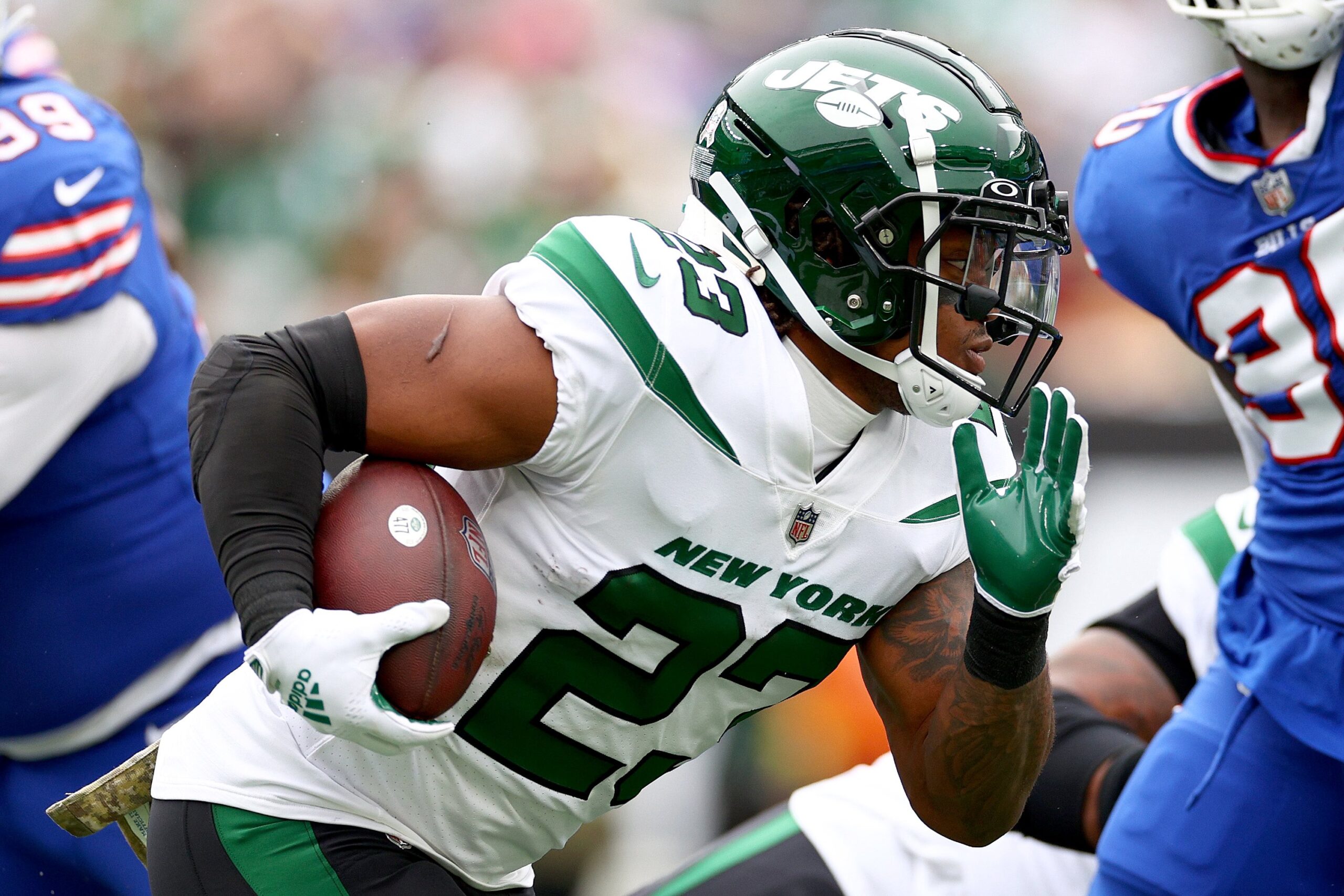 Running back James Robinson made his Jets debut with just five carries vs. the Pats, before rushing 13 times vs. Buffalo. (Photo by Elsa/Getty Images)