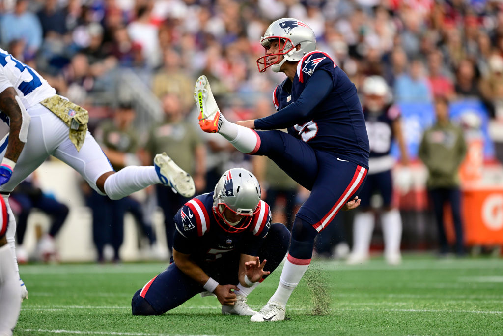 FOXBOROUGH, MASSACHUSETTS - NOVEMBER 06: Nick Folk #6 of the New England Patriots kicks a field goal in the fourth quarter of a game against the Indianapolis Colts at Gillette Stadium on November 06, 2022 in Foxborough, Massachusetts. (Photo by Billie Weiss/Getty Images)