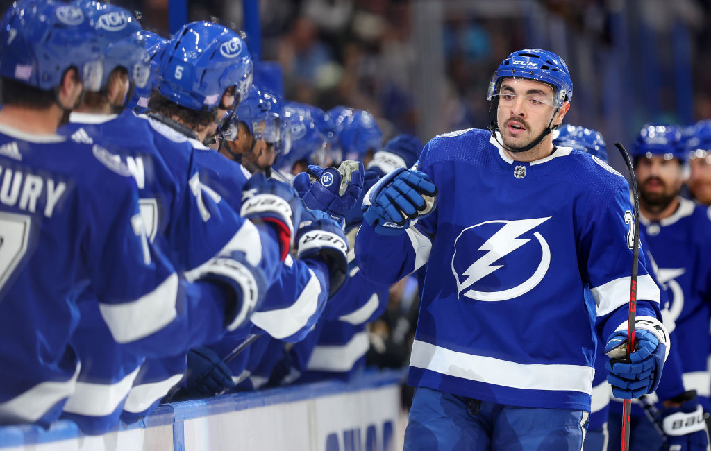 TAMPA, FLORIDA - NOVEMBER 21: Nicholas Paul #20 of the Tampa Bay Lightning celebrates a goal during a game against the Boston Bruins at Amalie Arena on November 21, 2022 in Tampa, Florida. (Photo by Mike Ehrmann/Getty Images)
