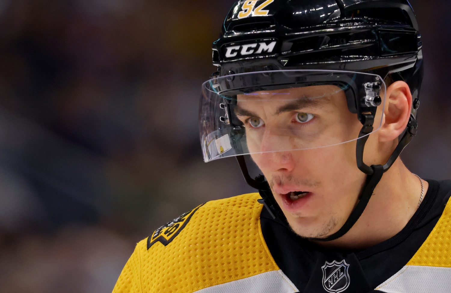 Nov 12, 2022; Buffalo, New York, USA;  Boston Bruins left wing Tomas Nosek (92) during the first period against the Buffalo Sabres at KeyBank Center. Mandatory Credit: Timothy T. Ludwig/USA TODAY Sports