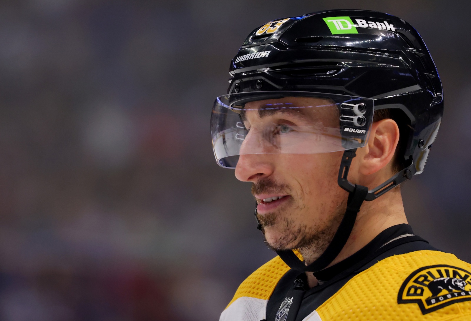 Nov 12, 2022; Buffalo, New York, USA; Boston Bruins left wing Brad Marchand (63) during the third period against the Buffalo Sabres at KeyBank Center. Mandatory Credit: Timothy T. Ludwig/USA TODAY Sports