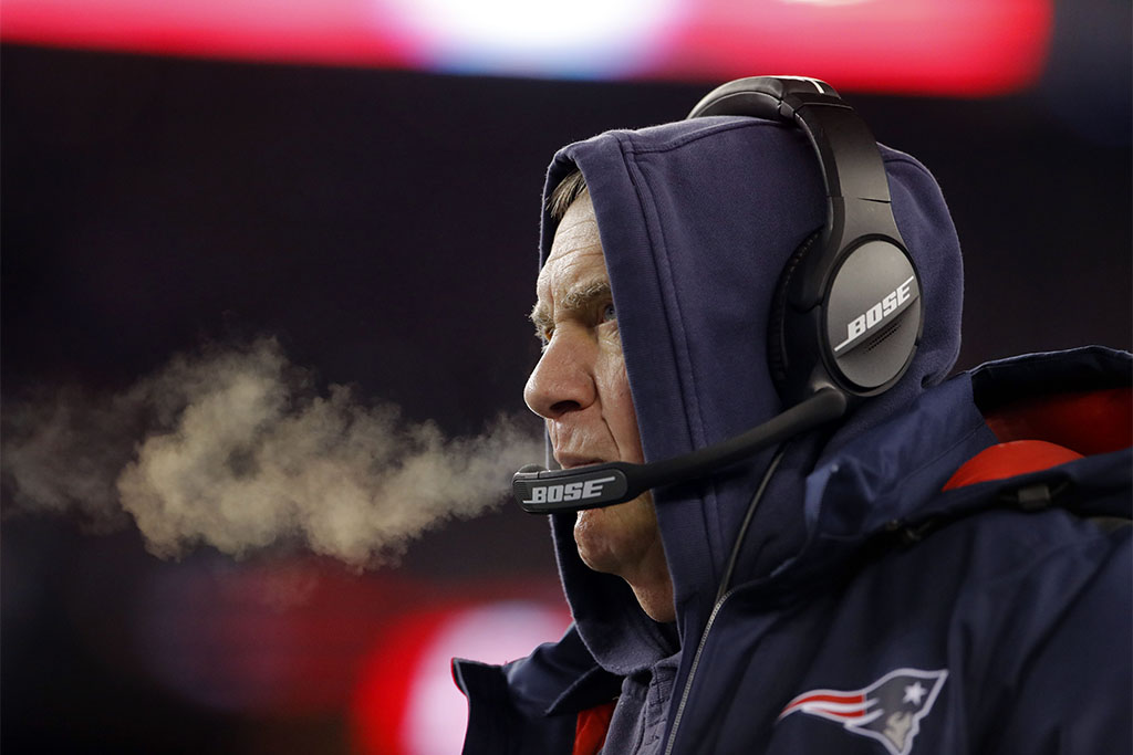 Jan 13, 2018; Foxborough, MA, USA; New England Patriots head coach Bill Belichick reacts in the cold during the second quarter against the Tennessee Titans in the AFC Divisional playoff game at Gillette Stadium. Mandatory Credit: David Butler II-USA TODAY Sports