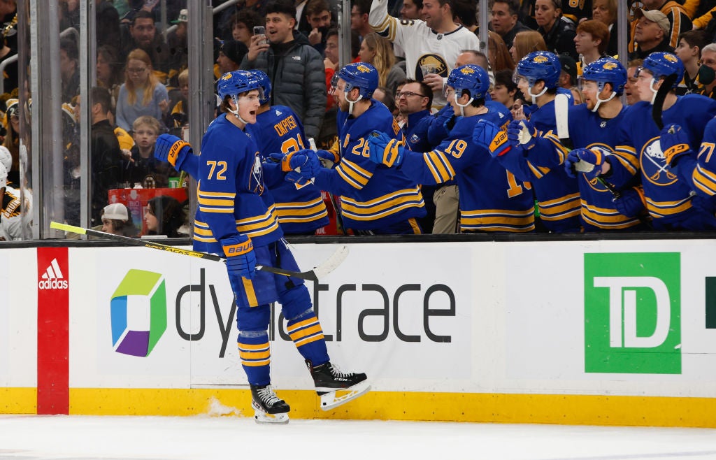 BOSTON, MA - DECEMBER 31: Tage Thompson #72 of the Buffalo Sabres celebrates his goal during the first period against the Boston Bruins at the TD Garden on December 31, 2022 in Boston, Massachusetts. (Photo by Rich Gagnon/Getty Images)