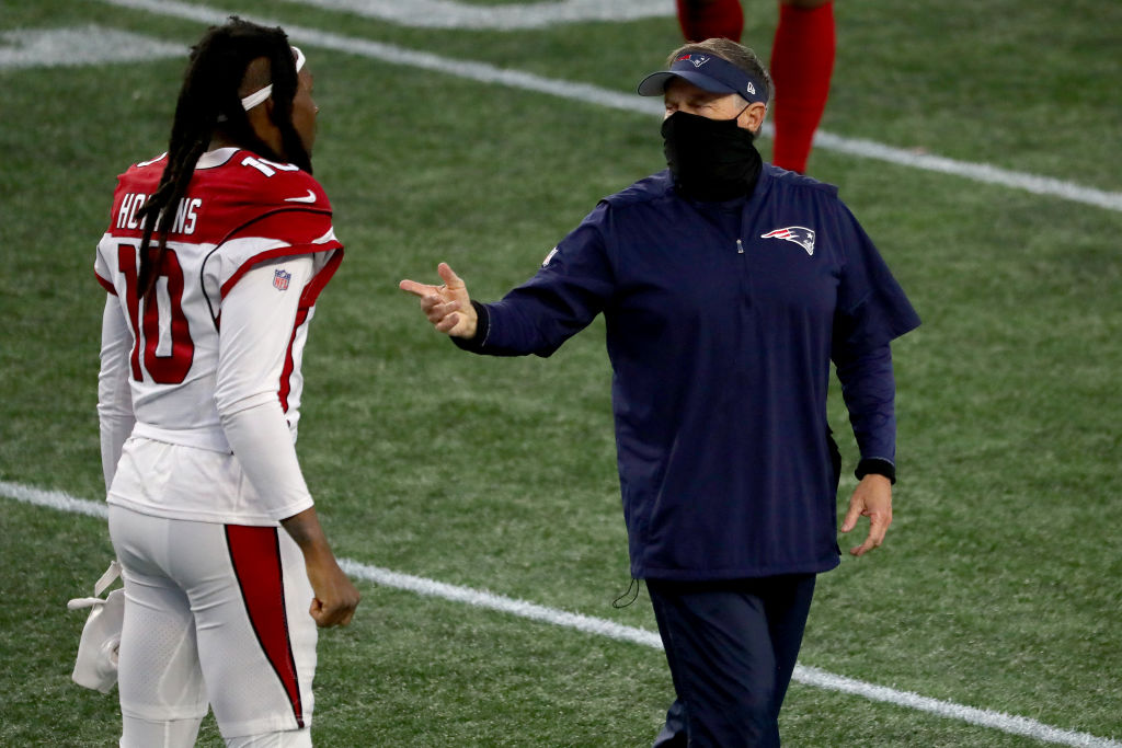 FOXBOROUGH, MASSACHUSETTS - NOVEMBER 29: Head coach Bill Belichick of the New England Patriots talks with DeAndre Hopkins #10 of the Arizona Cardinals after the game at Gillette Stadium on November 29, 2020 in Foxborough, Massachusetts. (Photo by Maddie Meyer/Getty Images)