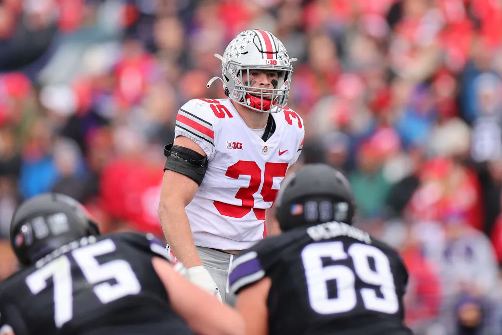 EVANSTON, ILLINOIS - NOVEMBER 05: Tommy Eichenberg #35 of the Ohio State Buckeyes looks on against the Northwestern Wildcats during the first half at Ryan Field on November 05, 2022 in Evanston, Illinois. (Photo by Michael Reaves/Getty Images)